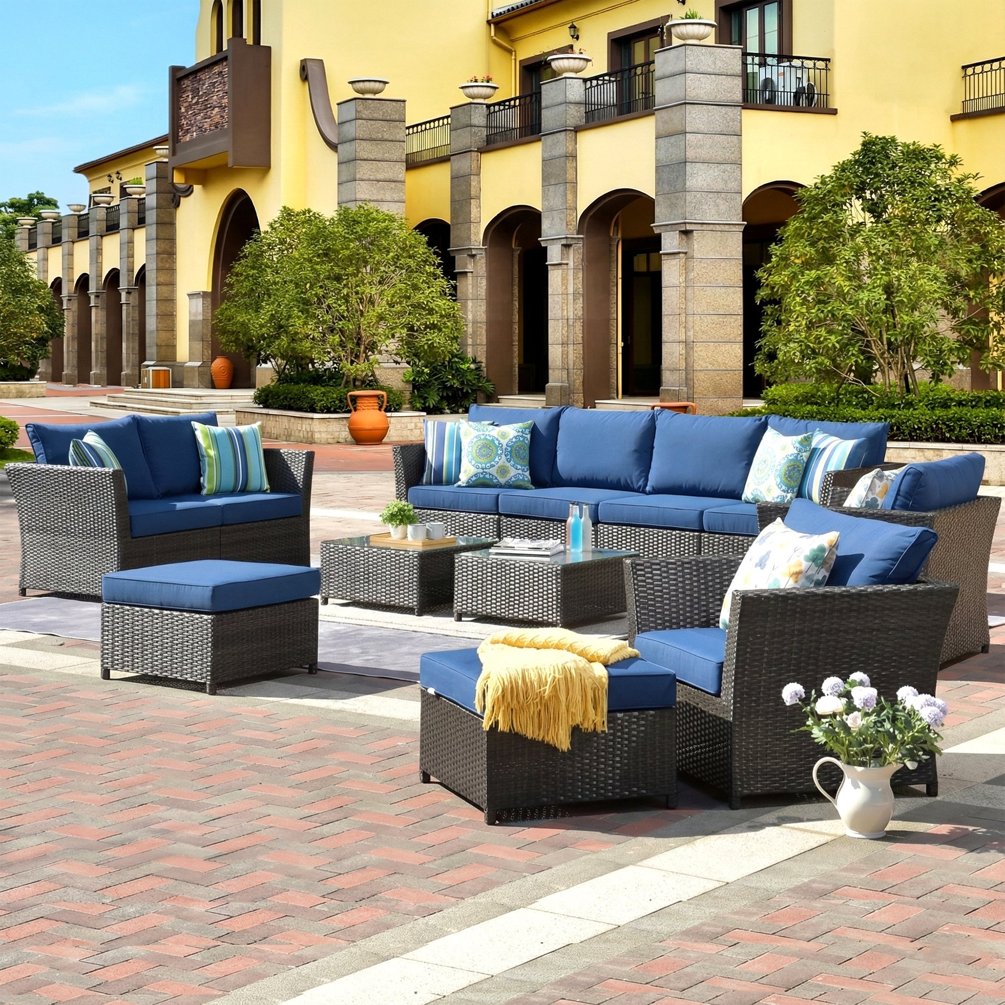 Nura Outdoor Garden Balcony Sofa Set  4 Seater, 2 seater,  2 Single Seater with 2 ottoman and 2 Center Table Set (Brown)