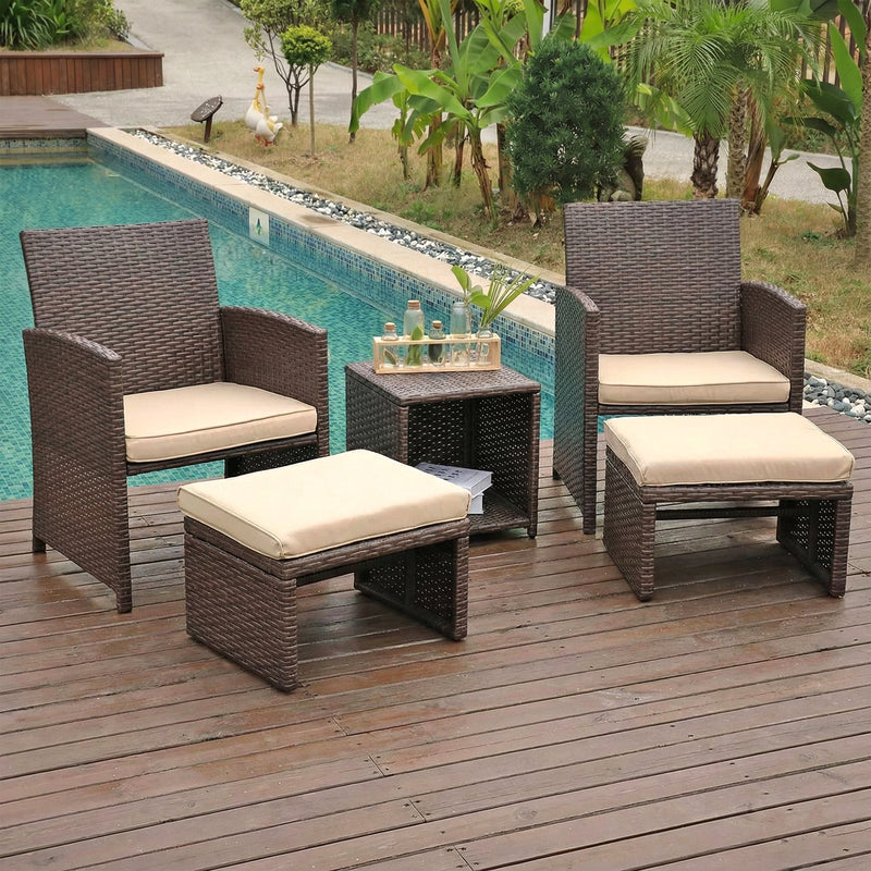 Calabresi Outdoor Seating Set 2 Single seater, 2 Ottoman and 1 Center Table (Brown + Beige)