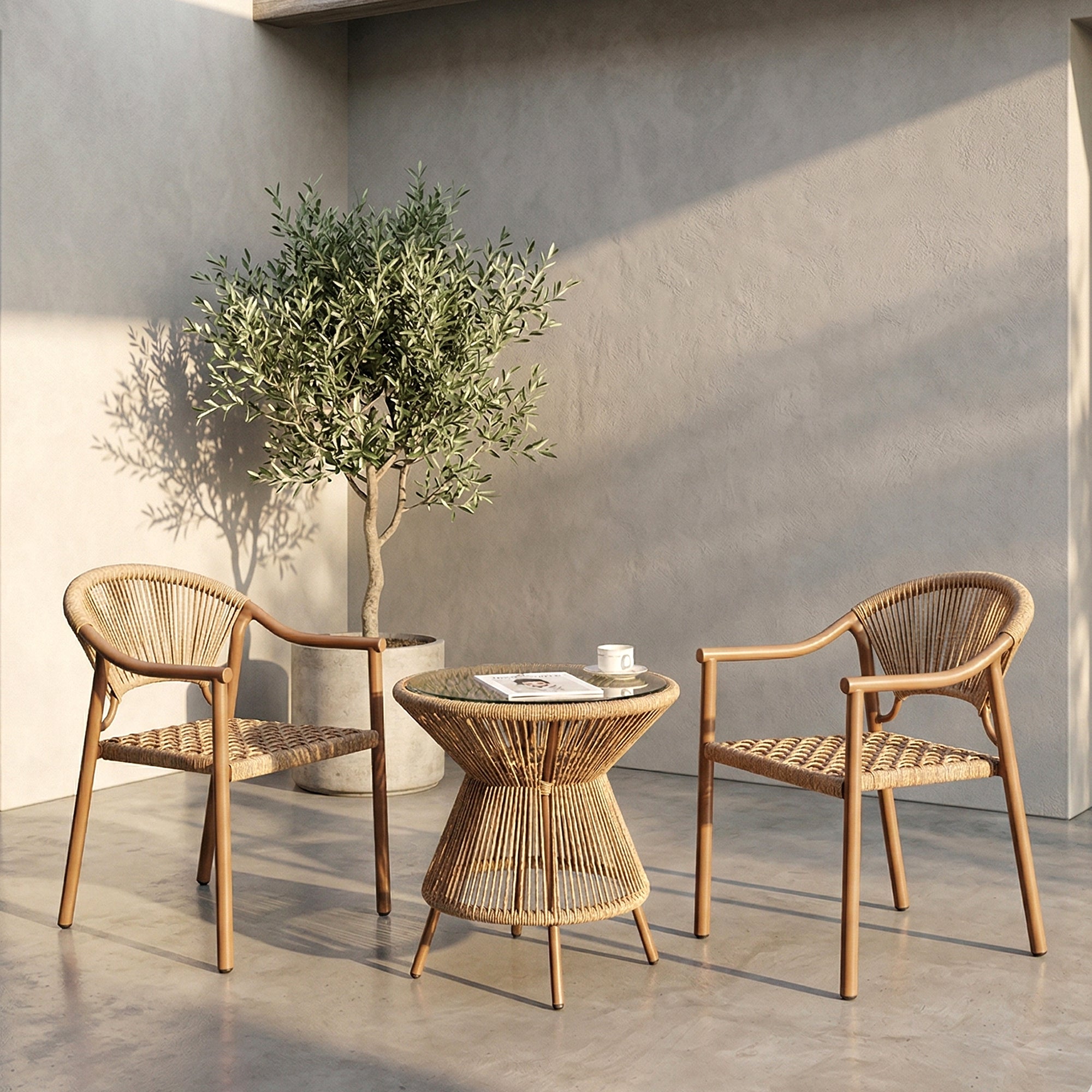 Ikra Outdoor Patio Seating Set 2 Chairs and 1 Table Set (Beige) Braided & Rope