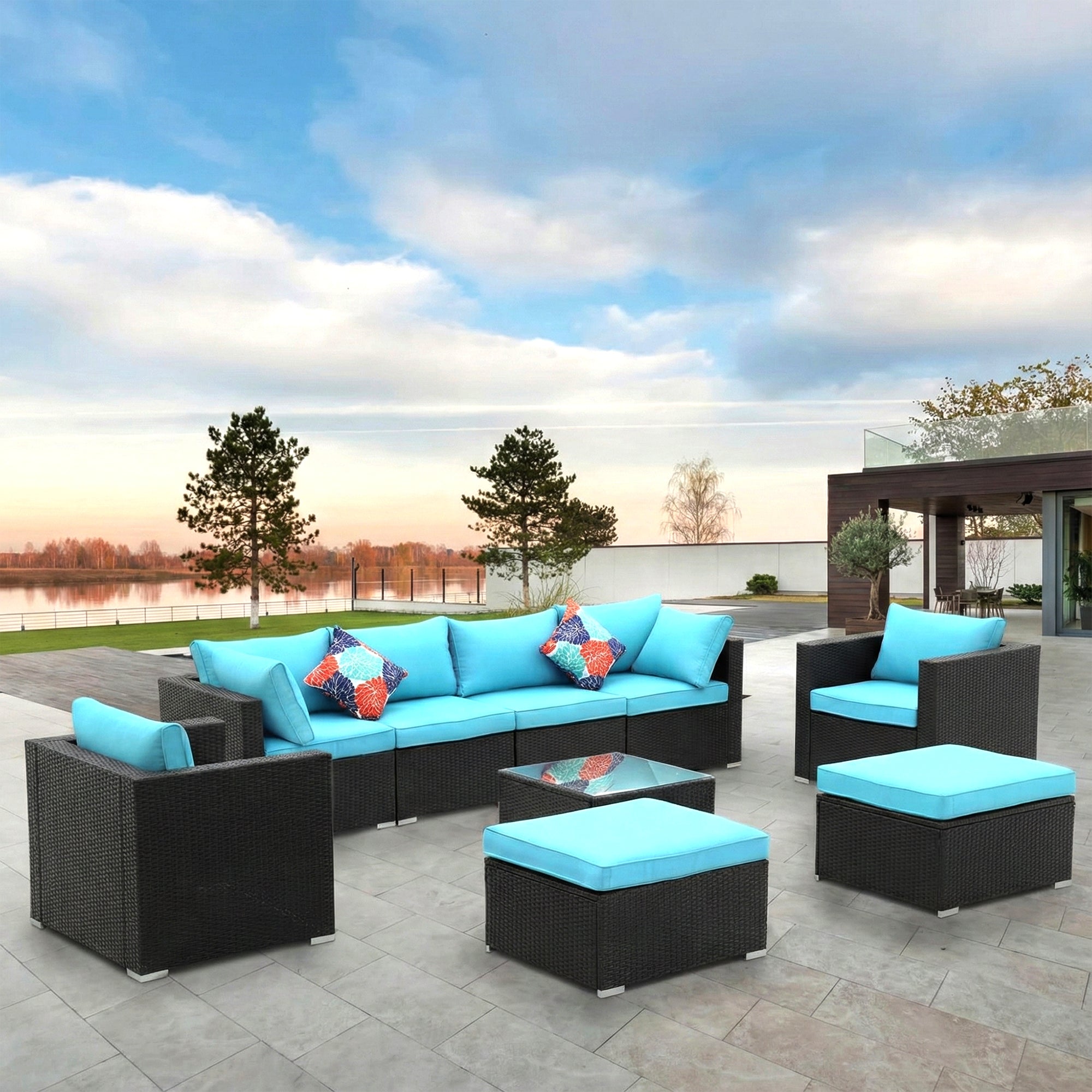 Elesta Outdoor Garden Balcony Sofa Set  4 Seater, 2 Single Seater with 2 ottoman and 1 Center Table Set (Black)