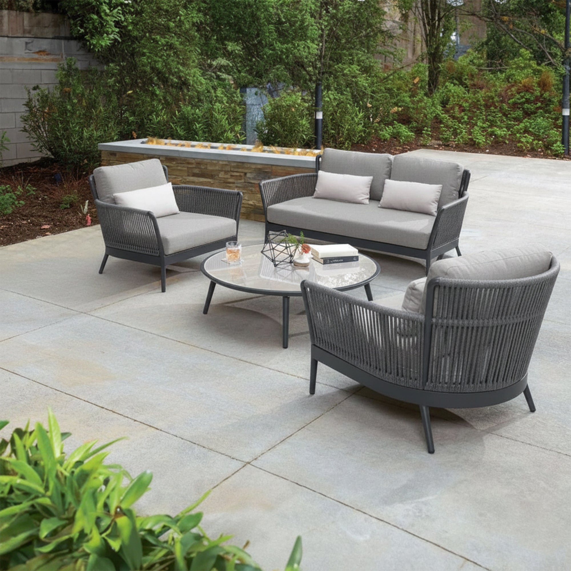 Tanza Outdoor Garden Balcony Sofa Set 2 Seater , 2 Single Seater 1 Center Table Set (Dark Grey) Braided and Rope