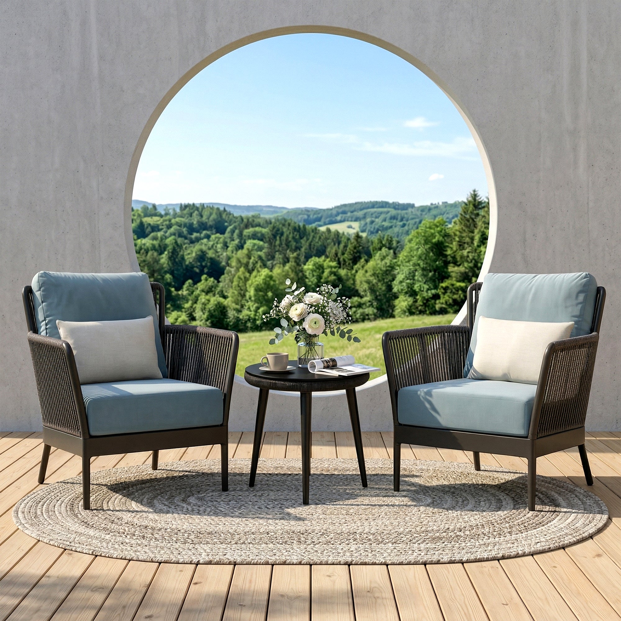 Conti Outdoor Patio Seating Set 2 Chairs and 1 Table Set (Grey) Braided & Rope