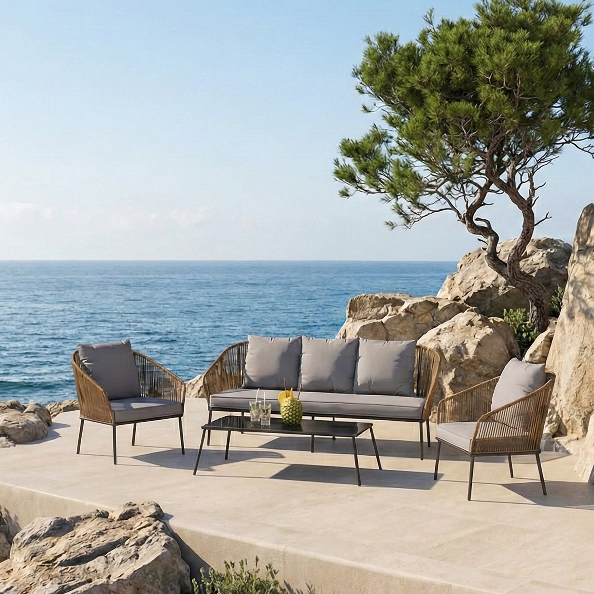 Goons Outdoor Sofa Set 3 Seater , 2 Single seater and 1 Center Table Set (Khaki) Braided & Rope