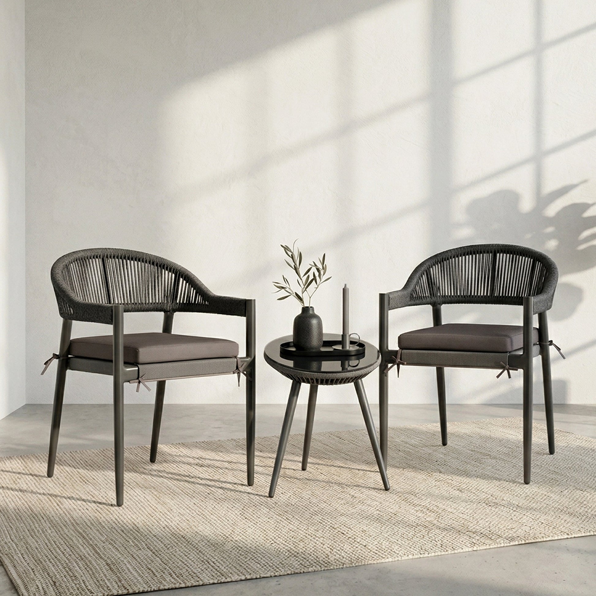 Brila Outdoor Patio Seating Set 2 Chairs and 1 Table Set (Black) Braided & Rope