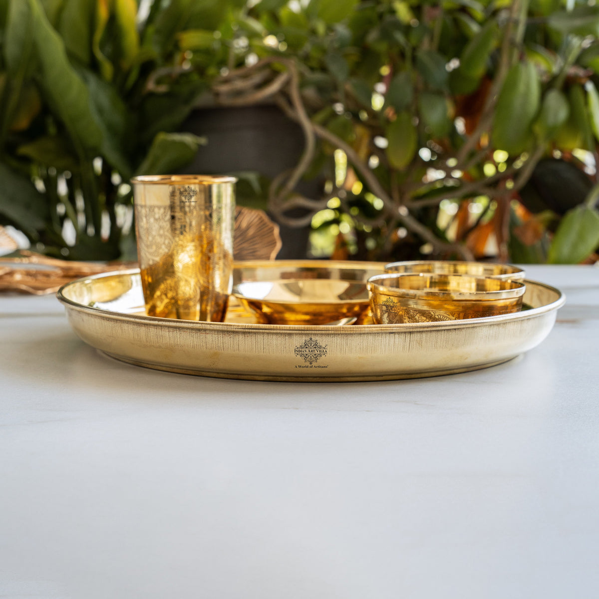 Brass Embossed Design Thali Set - Gold Dining & Gifting Set