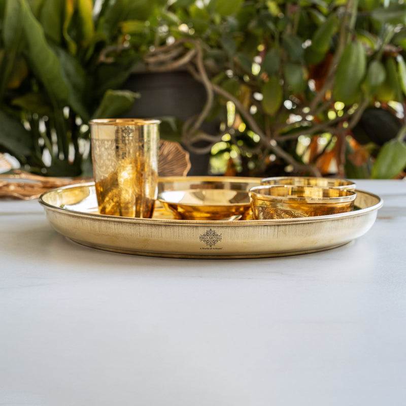 Brass Embossed Design Thali Set - Gold Dining & Gifting Set