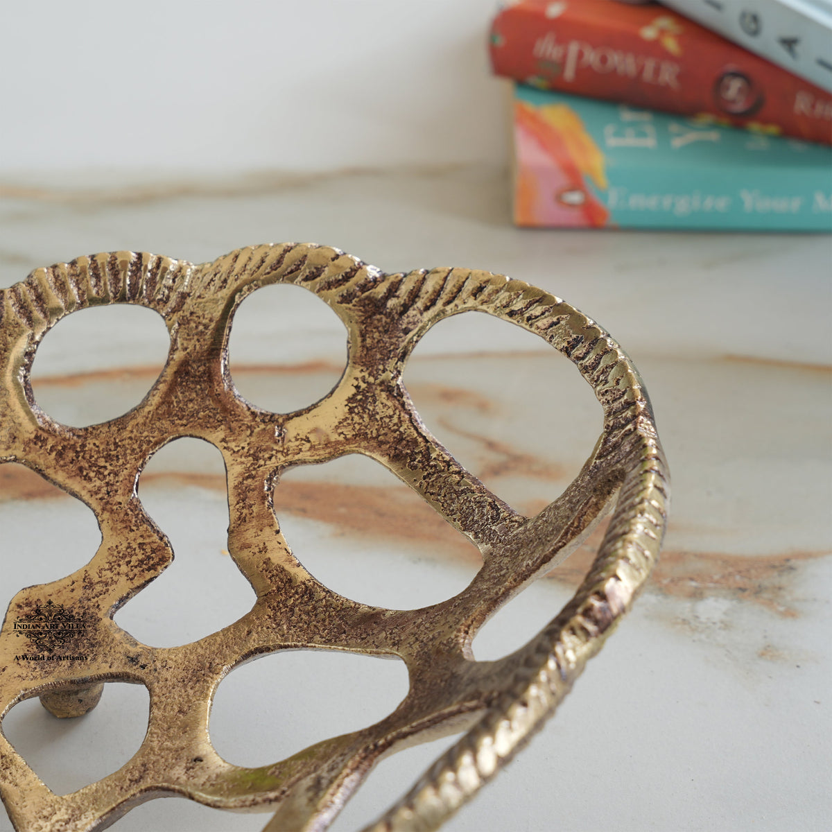 Brass Finish Oval Shape Hollow Design Tray/Fruit Basket