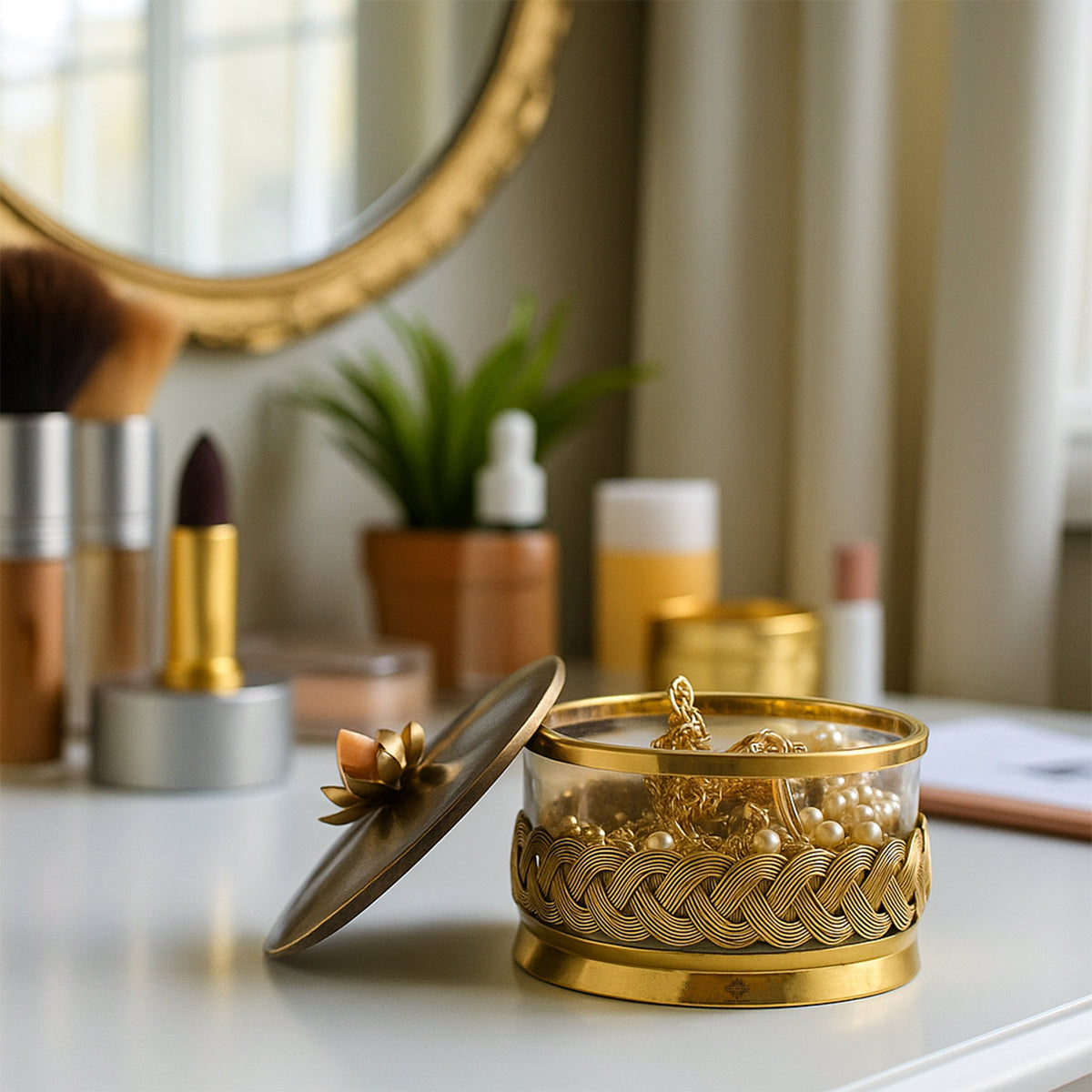 Brass Decorative Multipurpose Bowl with Lid & Lotus Design Knob