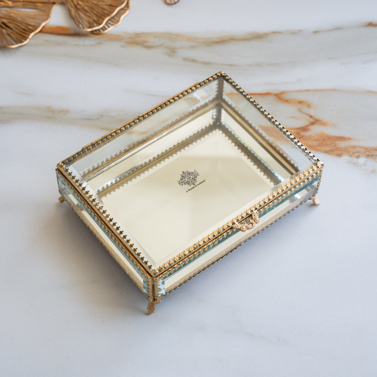 Brass & Glass Decorative Box with Embossed Shine Finish