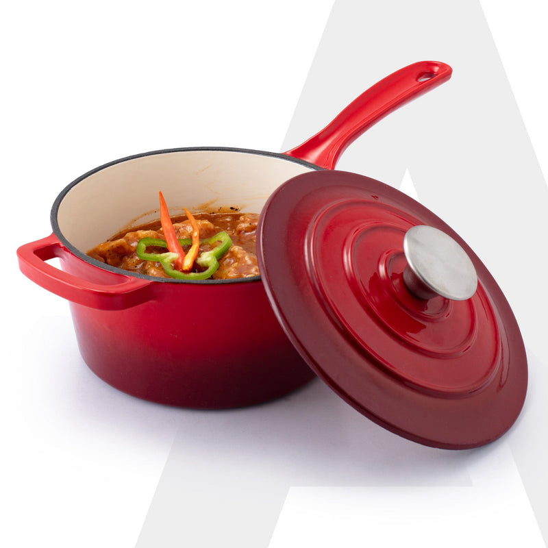 AGARO Royal Enamelled Cast Iron Sauce Pan with Lid, 19 Cm Diameter, 1.9 Liter Capacity, No Chemical Coating, Heavy Botto