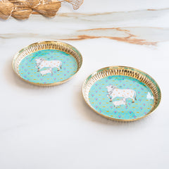 Brass Thali With Pichwai Kamdhenu Print Set Of 2