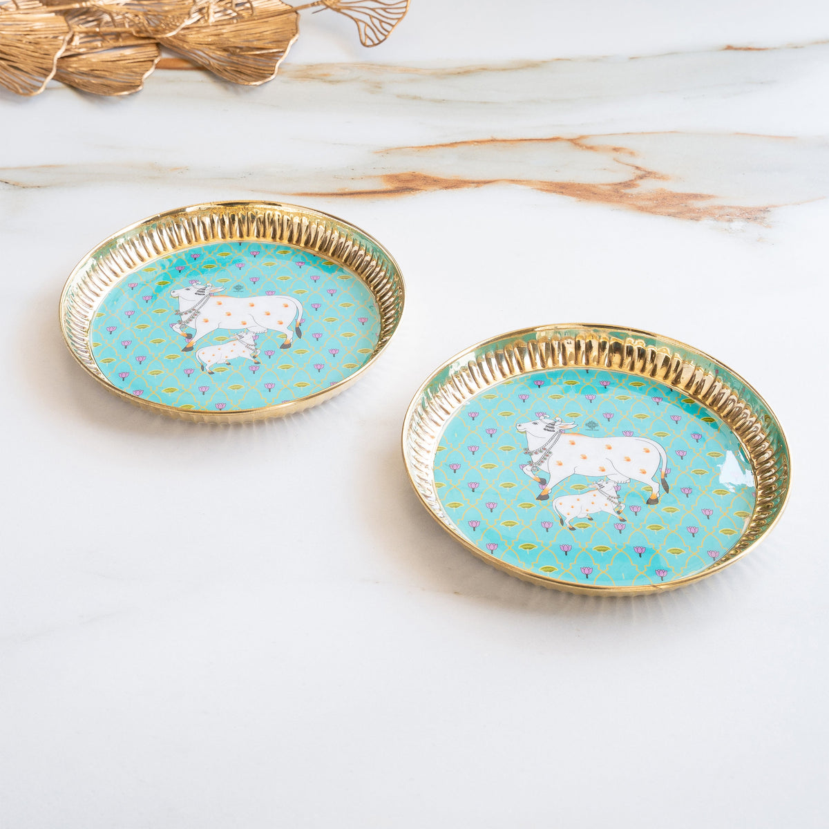 Brass Thali With Pichwai Kamdhenu Print Set Of 2