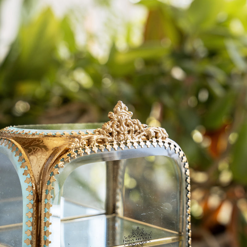 Brass & Glass Embossed Mini Almirah, 3.8 Inch Decorative Box for Home Decor & Gifting