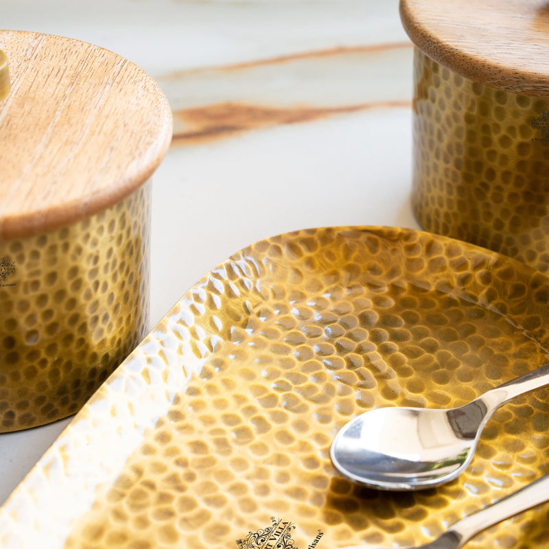 Hammered Aluminium Condiment Bowl Set with Wooden Lid & Steel Spoons