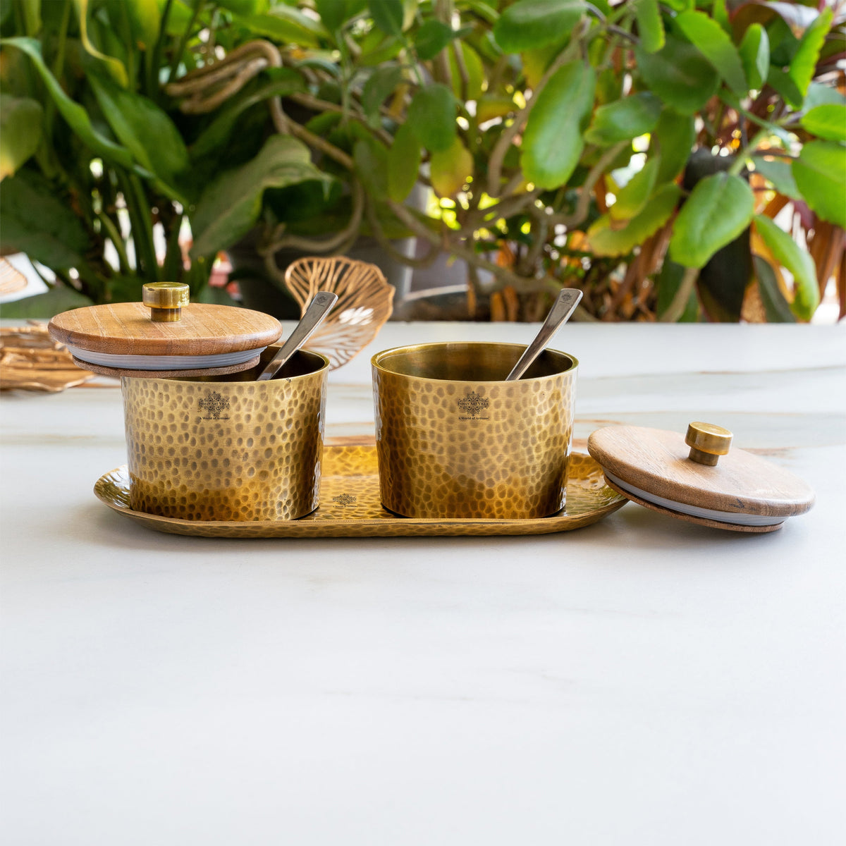 Hammered Aluminium Condiment Bowl Set with Wooden Lid & Steel Spoons