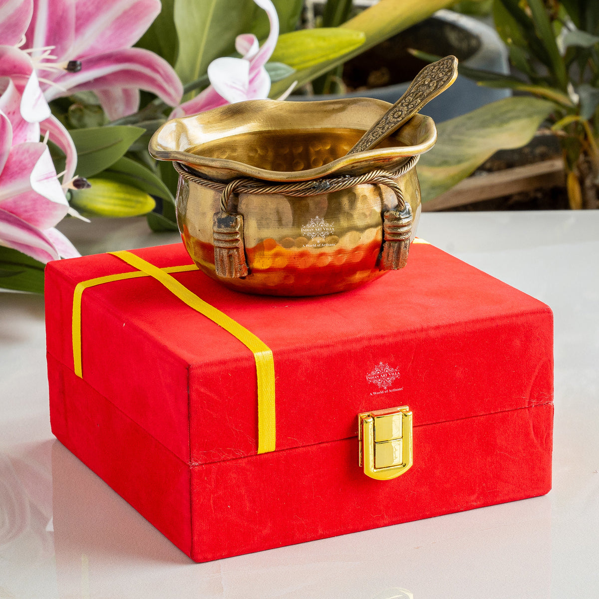 Brass Bowl & Spoon Set With Velvet Box - Hammered Design
