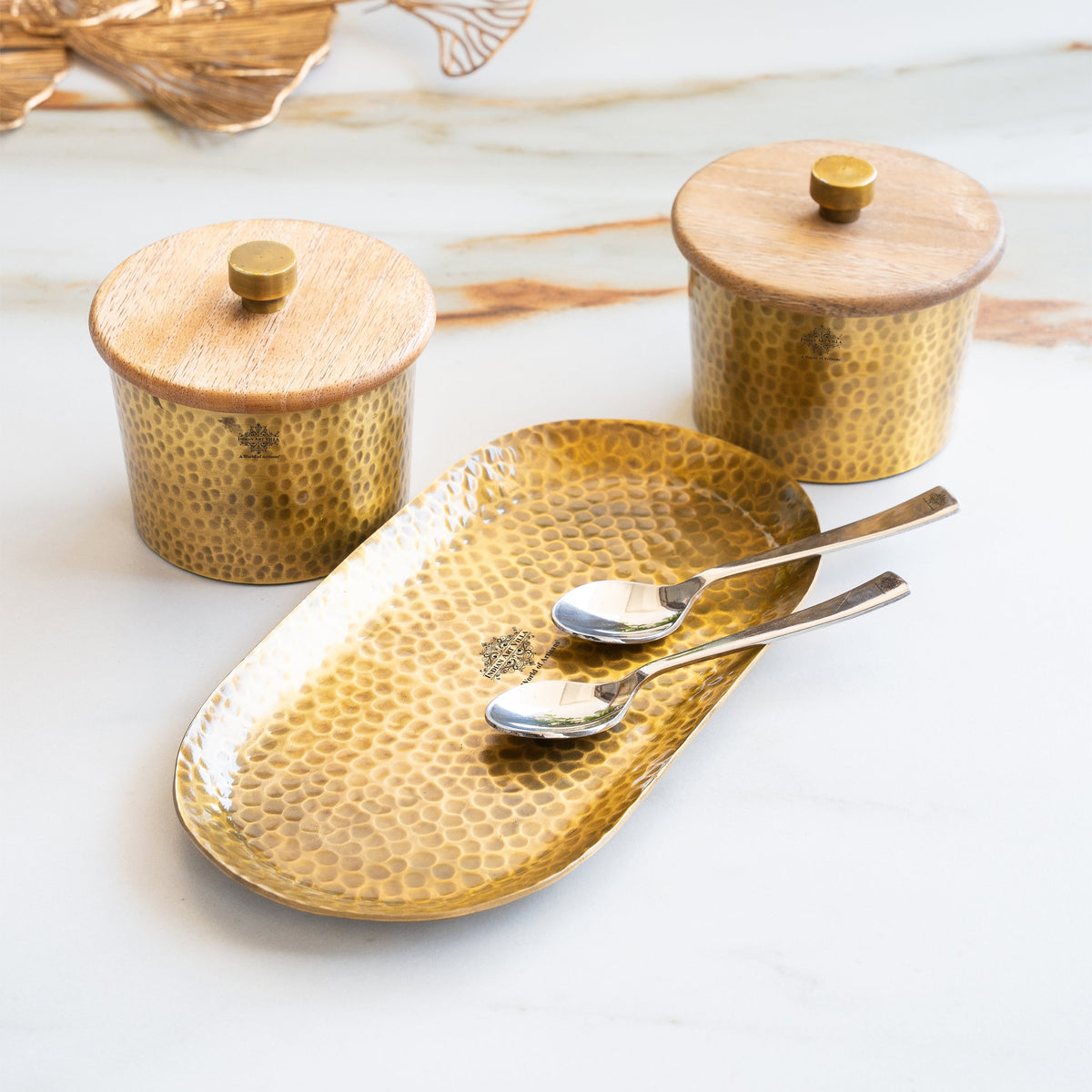 Hammered Aluminium Condiment Bowl Set with Wooden Lid & Steel Spoons