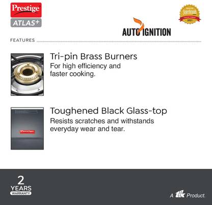 Prestige Atlas Plus High Effient Brass burner & Toughened Glass Automatic Gas Stove (3 Burners)