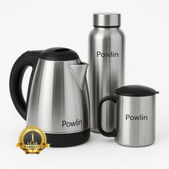 Powlin Ashley Electric Kettle Combo Box | 1.5L Fast Boil Kettle, 1L Stainless Steel Bottle & 180ml Mug | Portable Hot Water Kettle Set for Home, Office & Travel