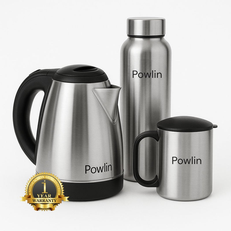 Powlin Ashley Electric Kettle Combo Box | 1.5L Fast Boil Kettle, 1L Stainless Steel Bottle & 180ml Mug | Portable Hot Water Kettle Set for Home, Office & Travel