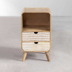 Riva Side Table | Wood Finish Nightstand with Woven Drawers | 2-Drawer Design | Bedroom or living room table