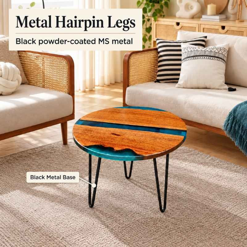 Round Live Edge Epoxy Coffee Table, Solid Wood Center Table with Blue Resin, Natural Wood Table with Metal Hairpin Legs, Custom Size Coffee Table, Creative Sofa Side Table