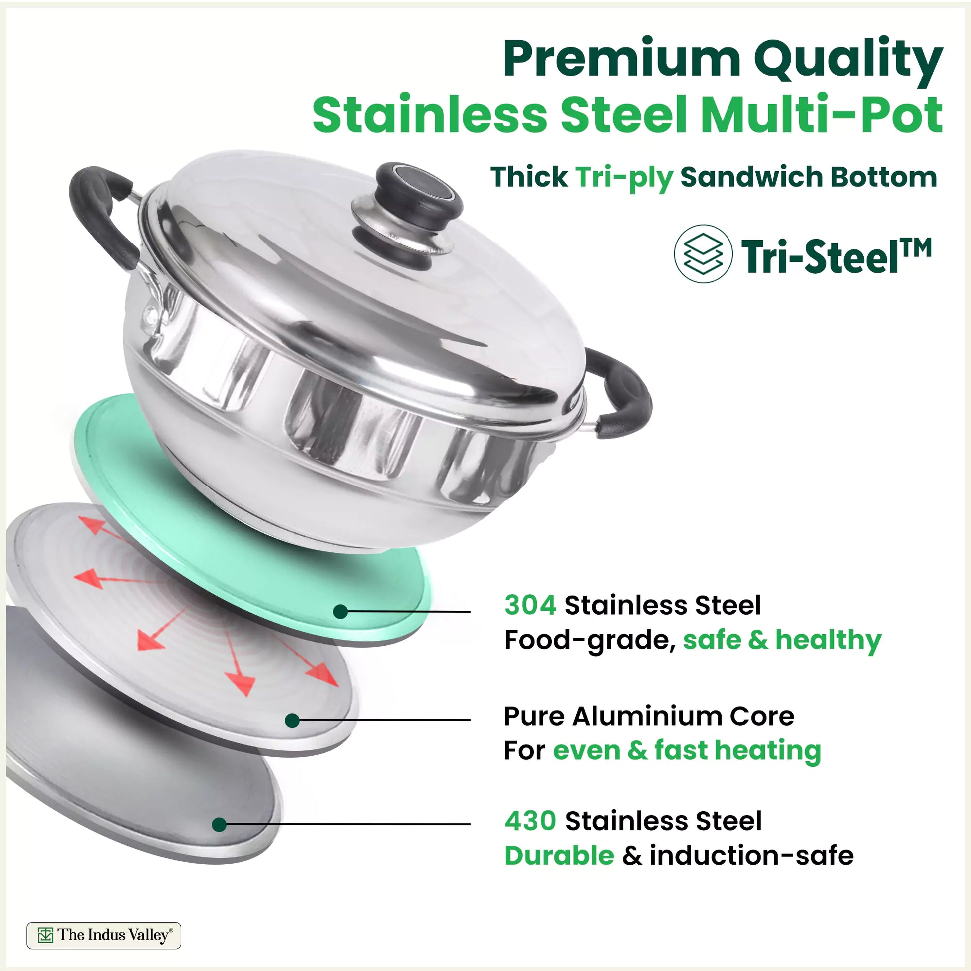 8 Pit Tri-Steel Multi Pot Premium Stainless Steel Idli/ Dhokla/ Momo Maker/ Veg Steaming Set, Tri-ply Induction Bottom, 5 Plates, 3L
