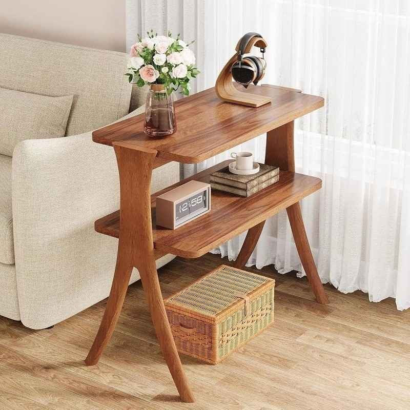Tall Narrow End Table with 2-Tier Shelf and Solid Wood Legs