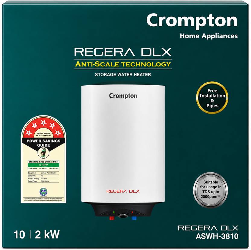 Crompton Regera DLX ASWH-3810 Glassline 5Star Free Installation 10 L Storage Water Geyser-4