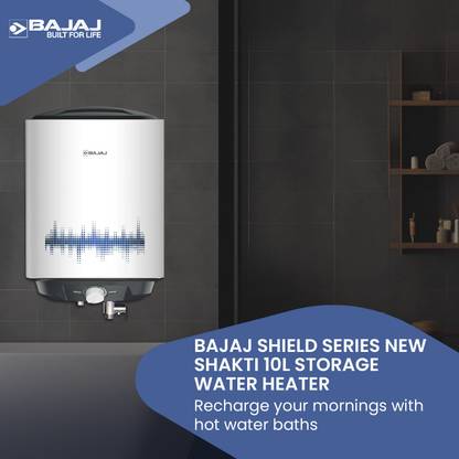 BAJAJ Shield Series New Shakti 10L 10 L Storage Water Geyser | with Free Pipes and Free Installation (White & Grey)