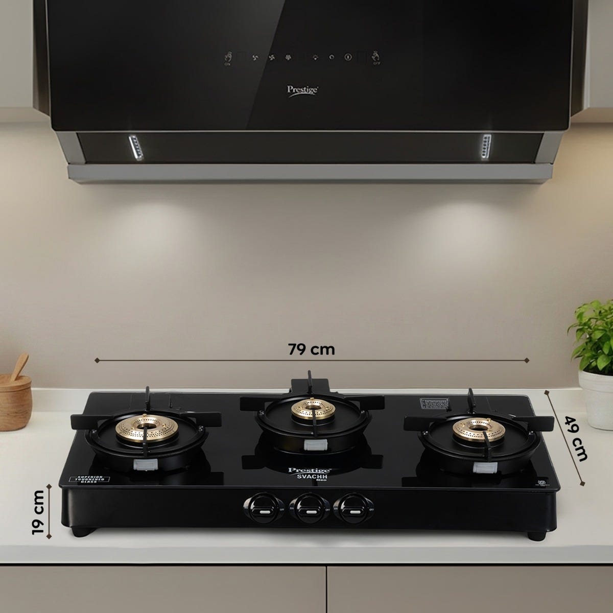 Prestige Svachh Neo 3 Burner Glass Top Gas Stove, Liftable Burners, Black, ISI + Prestige 3 Litre TRIPLY Svachh Inner Lid Pressure Cooker, Deep Lid for Spillage Control, Gas & Induction