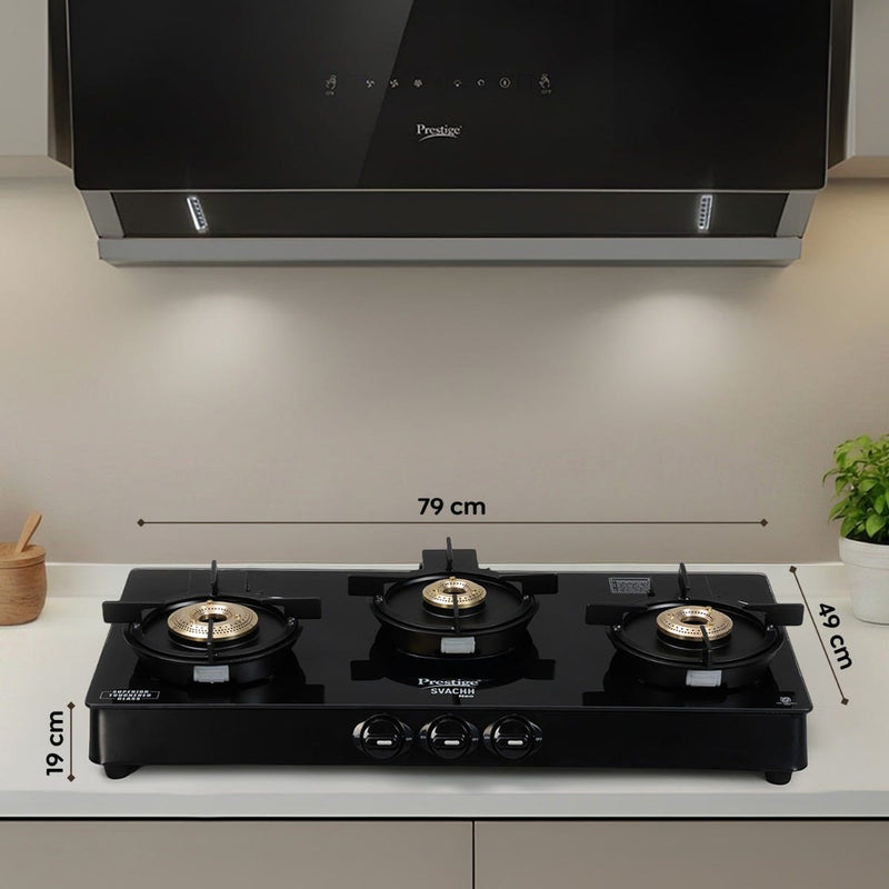 Prestige Svachh Neo 3 Burner Glass Top Gas Stove, Liftable Burners, Black, ISI + Prestige 3 Litre TRIPLY Svachh Inner Lid Pressure Cooker, Deep Lid for Spillage Control, Gas & Induction