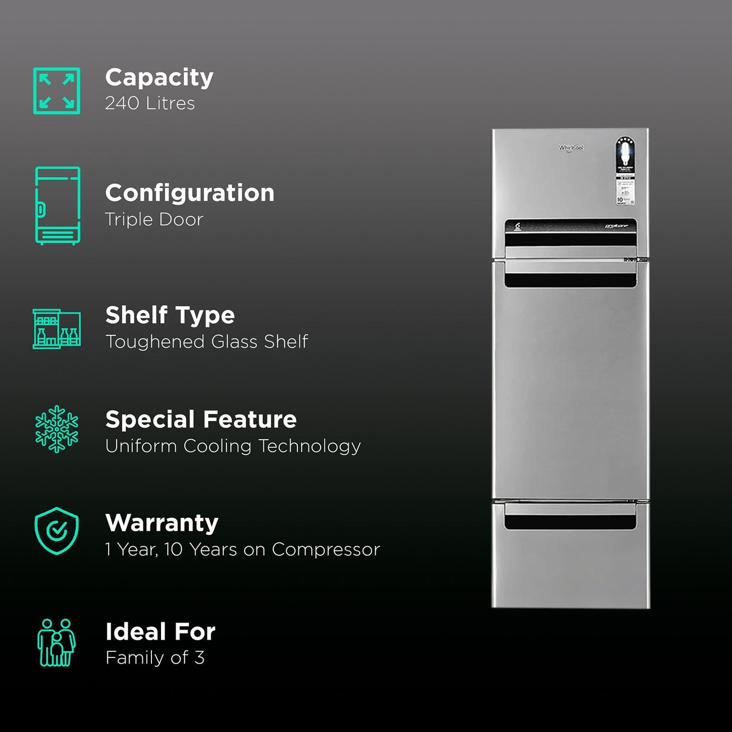 Whirlpool Protton 215 Litres Frost Free Triple Door Refrigerator with 6th Sense ActiveFresh Technology (20807, Alpha Steel)