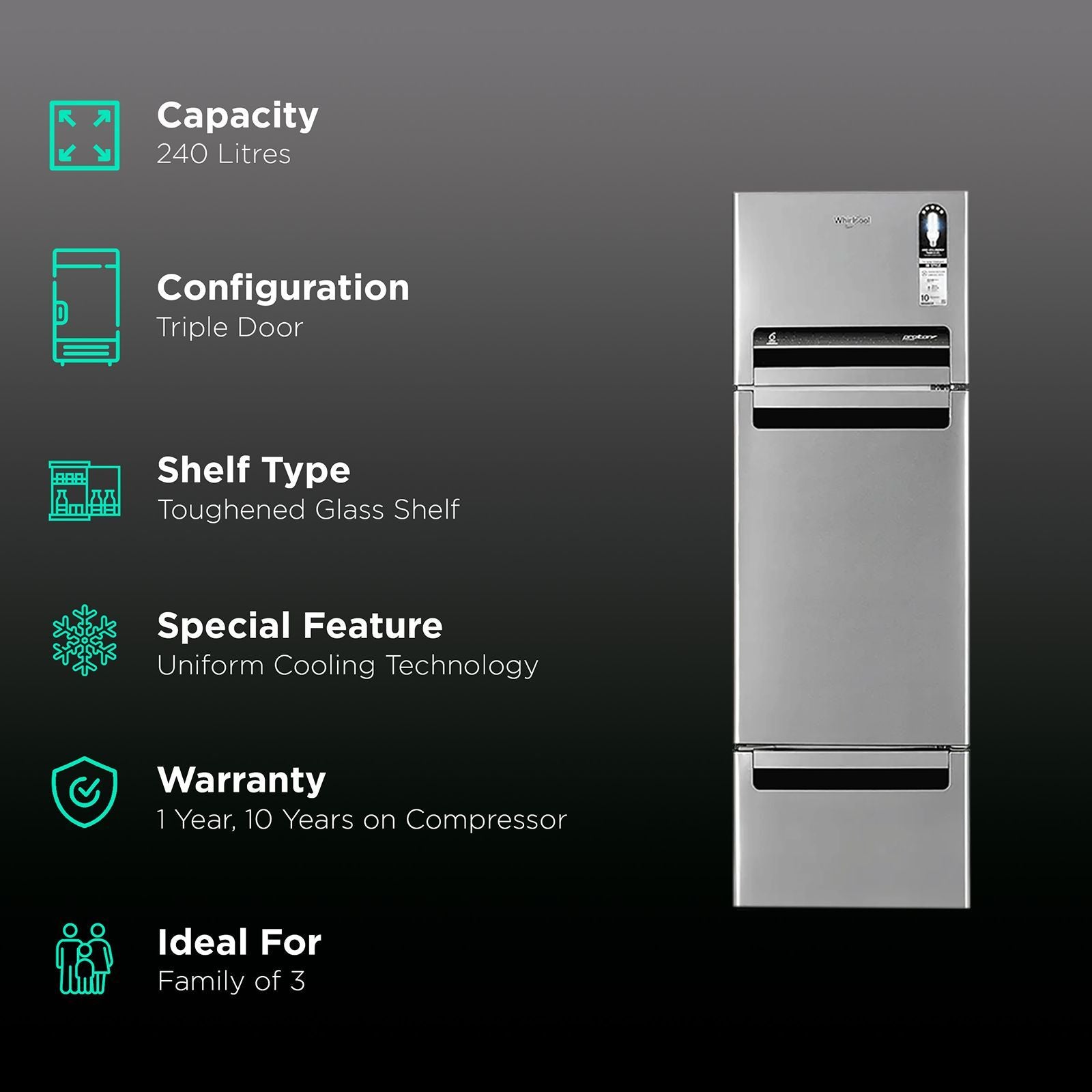 Whirlpool Protton 215 Litres Frost Free Triple Door Refrigerator with 6th Sense ActiveFresh Technology (20807, Alpha Steel)