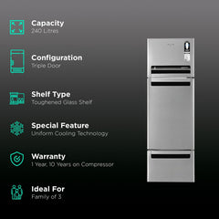 Whirlpool Protton 215 Litres Frost Free Triple Door Refrigerator with 6th Sense ActiveFresh Technology (20807, Alpha Steel)