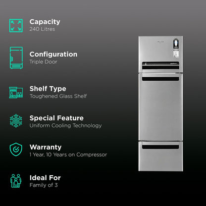 Whirlpool Protton 215 Litres Frost Free Triple Door Refrigerator with 6th Sense ActiveFresh Technology (20807, Alpha Steel)