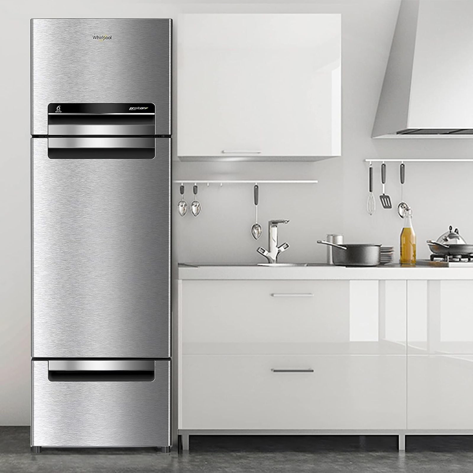 Whirlpool Protton 300 Litres Frost Free Triple Door Refrigerator with 6th Sense ActiveFresh Technology (20817, Alpha Steel)