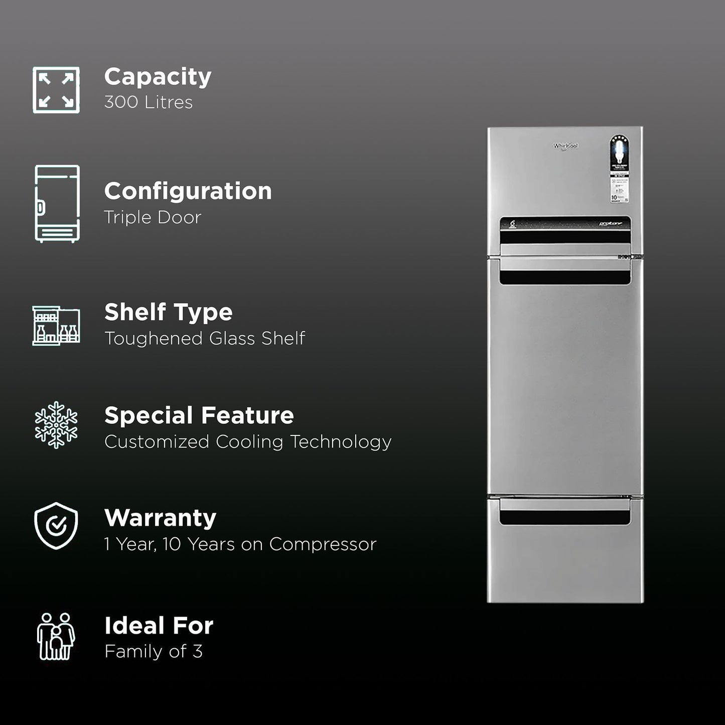 Whirlpool Protton 300 Litres Frost Free Triple Door Refrigerator with 6th Sense ActiveFresh Technology (20817, Alpha Steel)