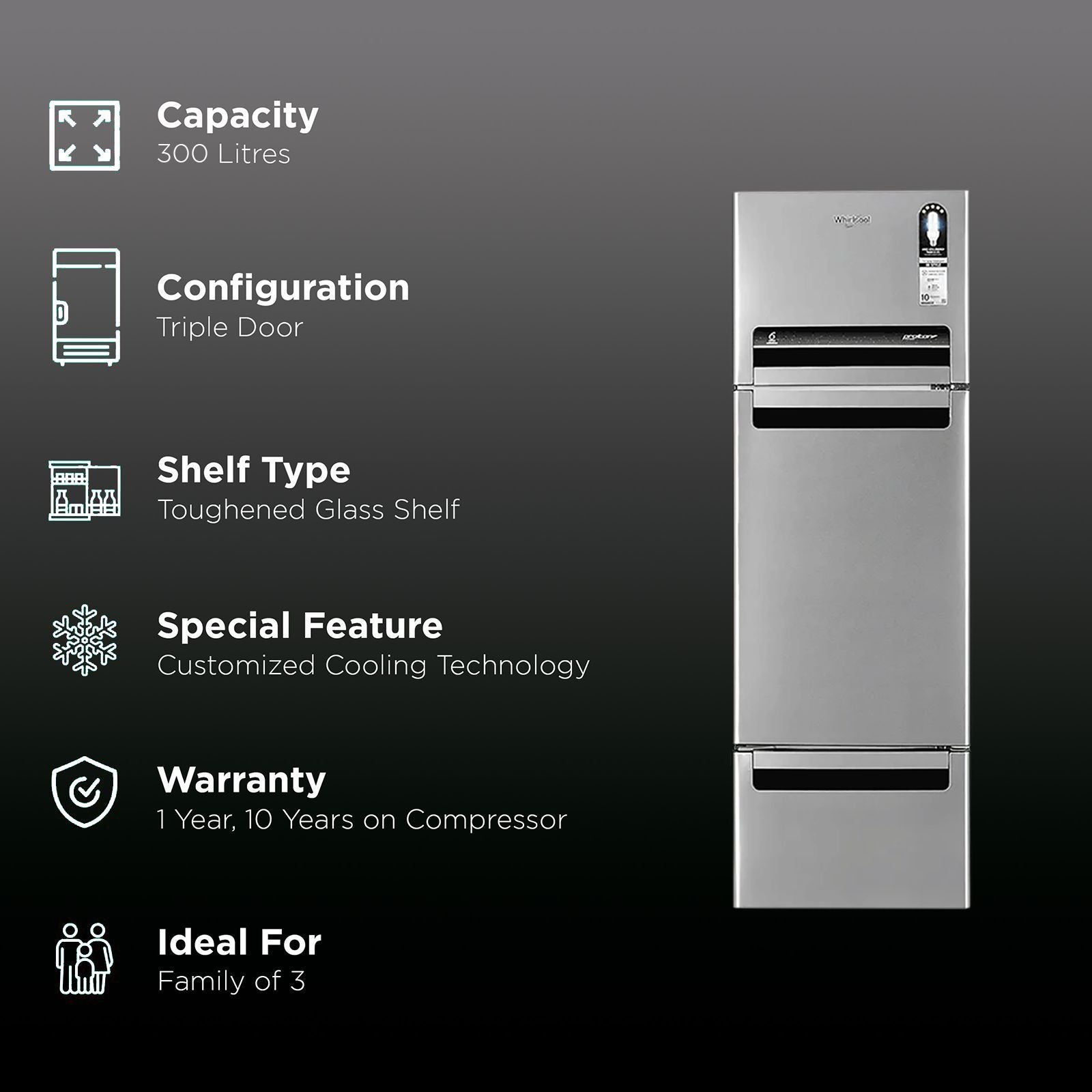 Whirlpool Protton 300 Litres Frost Free Triple Door Refrigerator with 6th Sense ActiveFresh Technology (20817, Alpha Steel)