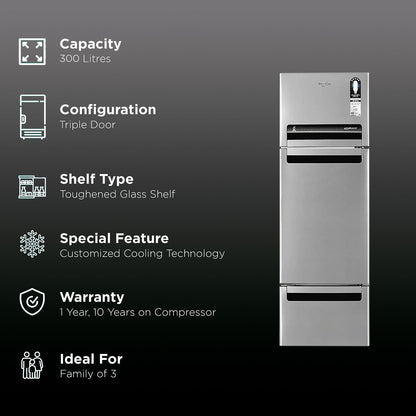 Whirlpool Protton 300 Litres Frost Free Triple Door Refrigerator with 6th Sense ActiveFresh Technology (20817, Alpha Steel)
