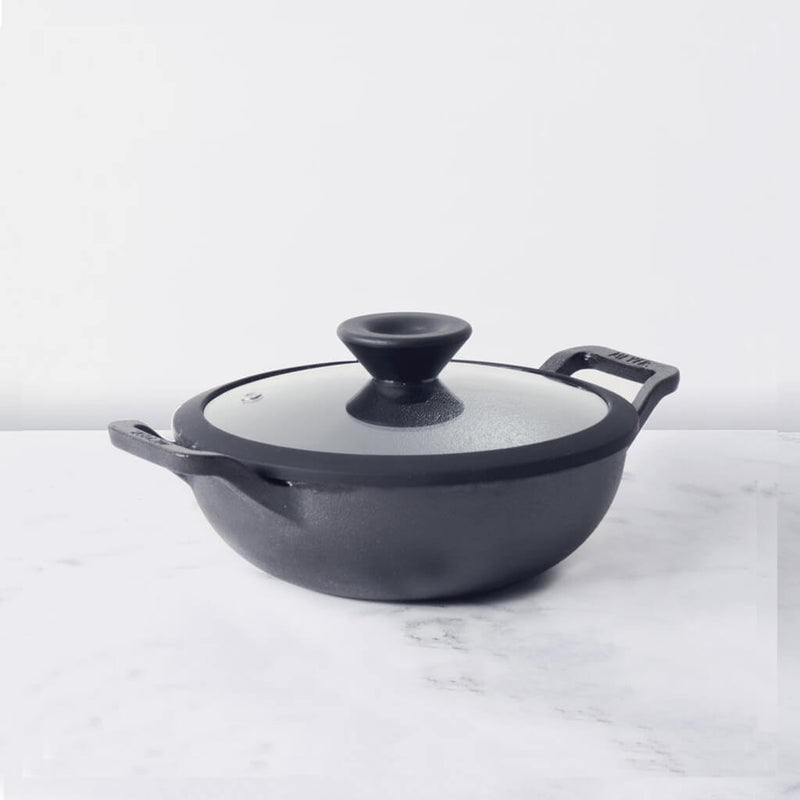 Meyer Pre Seasoned Cast Iron shallow Kadai With Glass Lid ,20cm