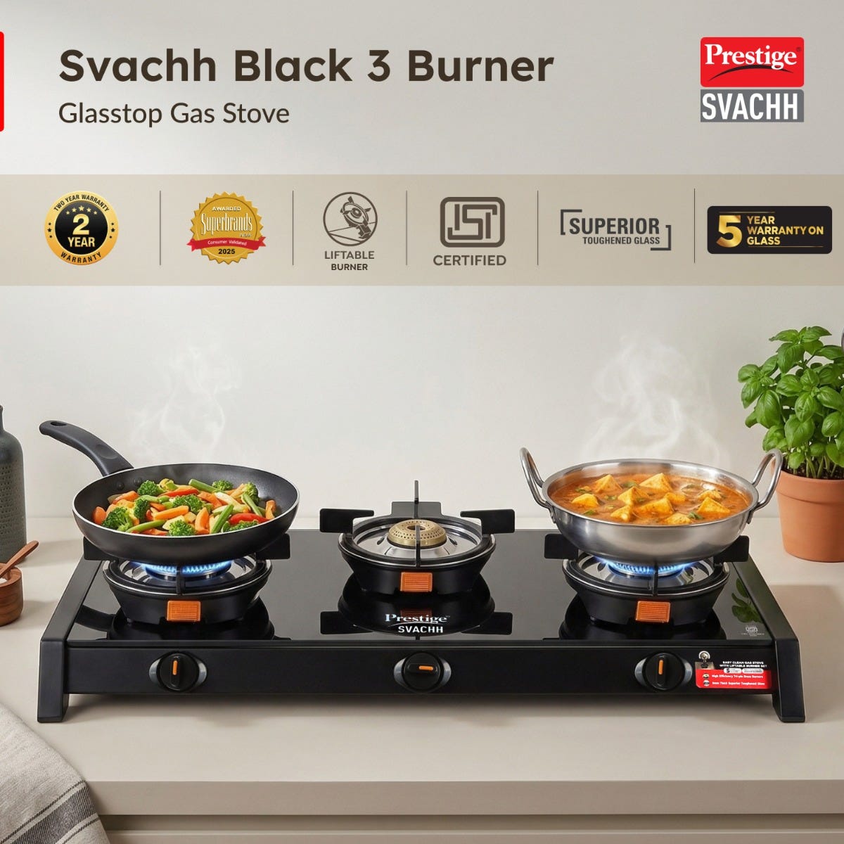 Prestige Svachh Glass Top Gas Stove (3 Burners) with Liftable Burners - GTSB-03, Prestige Svachh Triply Outer Lid Pressure Cooker with Unique Deep Lid for Spillage Control, 5 Litre, Silver