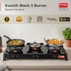 Prestige Svachh Glass Top Gas Stove (3 Burners) with Liftable Burners - GTSB-03, Prestige Svachh Triply Outer Lid Pressure Cooker with Unique Deep Lid for Spillage Control, 5 Litre, Silver
