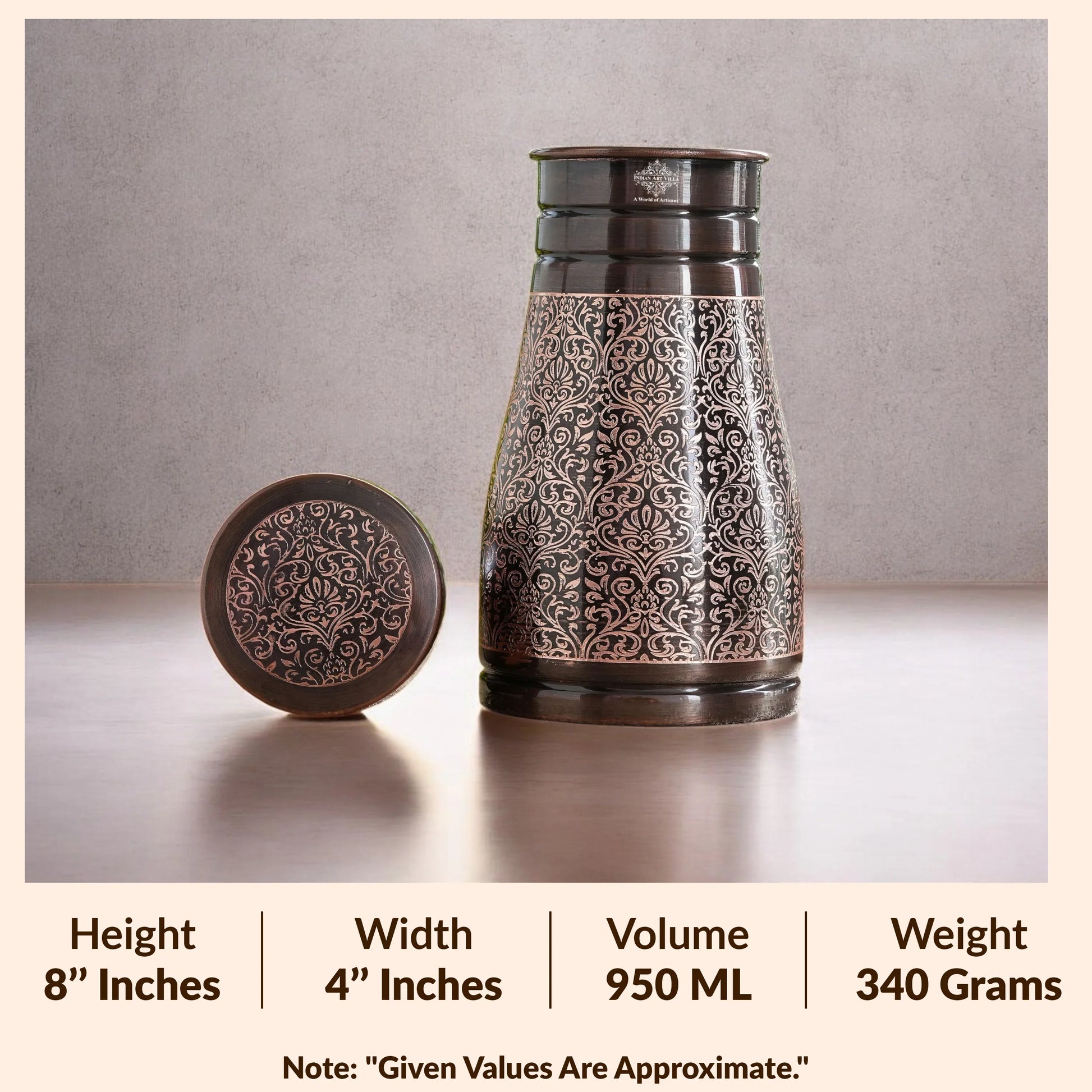 Pure Copper Embossed Bedroom Bottle With Inbuilt Glass