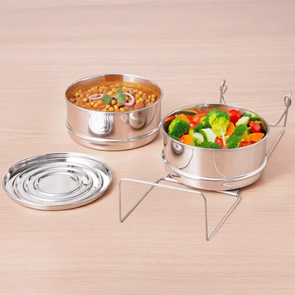 Stainless Steel Pressure Cooker Separator 2-tier Compatible with 3 Litres , Premium Quality, 100% Safe, 2 Containers With Lifter Stand, Stainless Steel