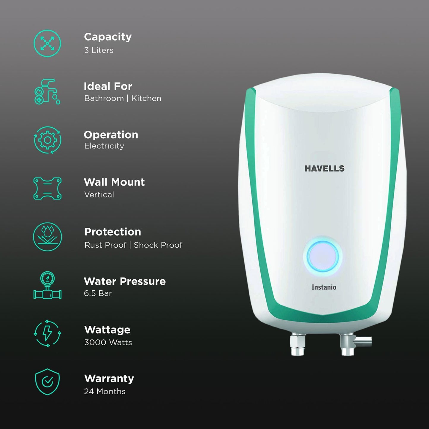 HAVELLS Instanio 3 Litre 3 Star Vertical Instant Geyser with Safety Valve (White & Blue)