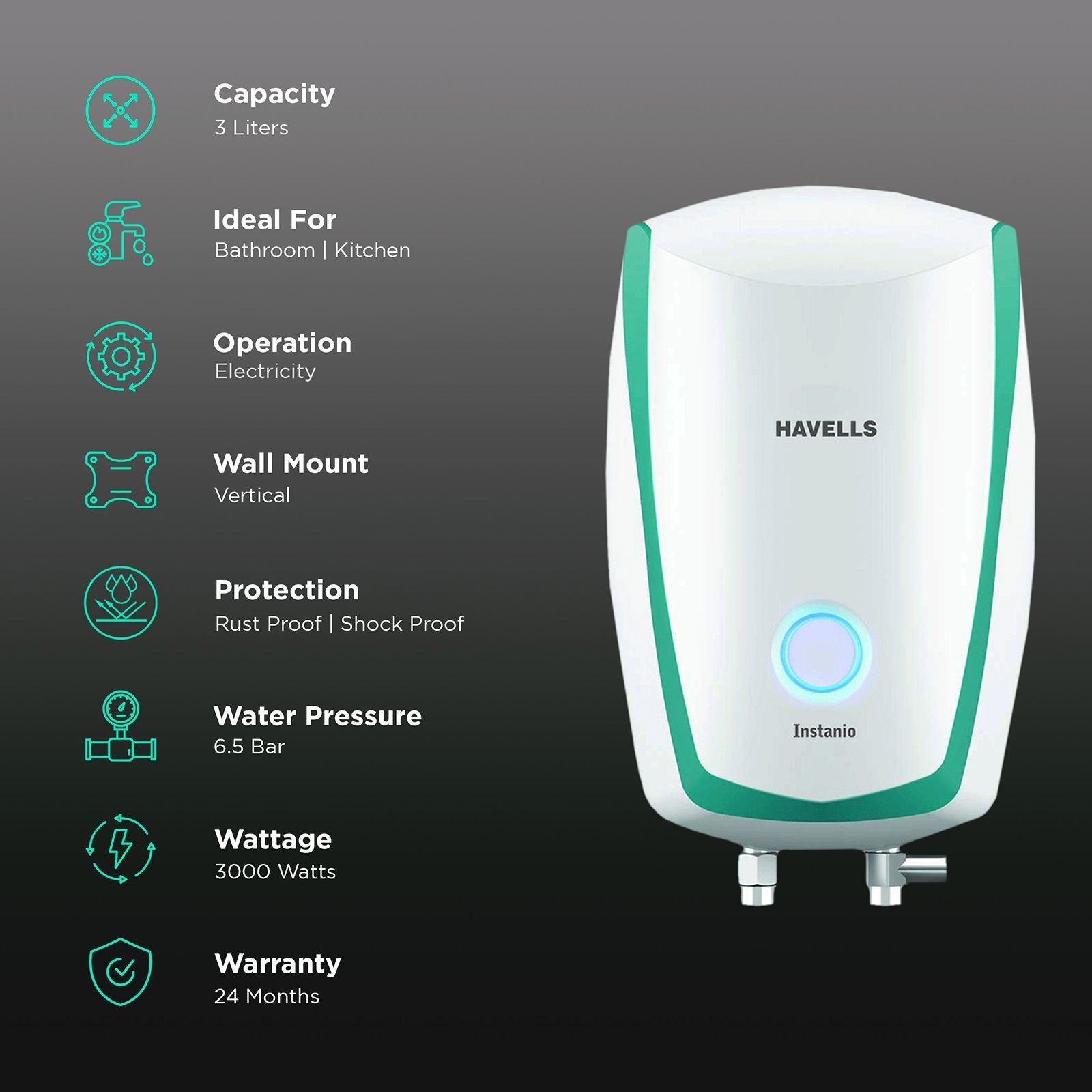 HAVELLS Instanio 3 Litre 3 Star Vertical Instant Geyser with Safety Valve (White & Blue)