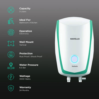 HAVELLS Instanio 3 Litre 3 Star Vertical Instant Geyser with Safety Valve (White & Blue)