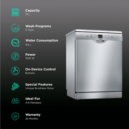 BOSCH Series 6 13 Place Settings Free Standing Dishwasher with Glass Protection Technology (Silver Inox)