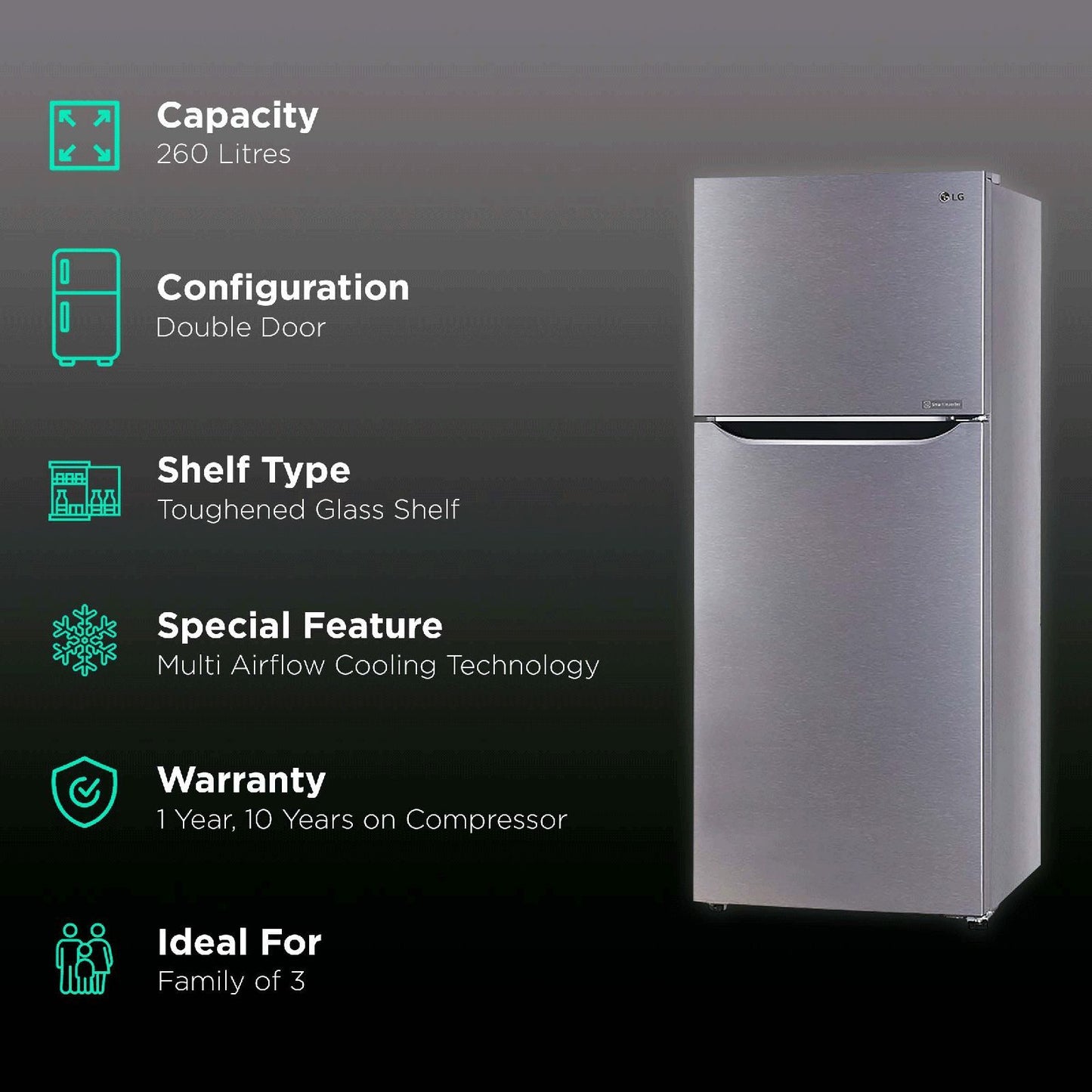 LG 242 Litres 2 Star Frost Free Double Door Refrigerator with Multi Air Flow (GL-N292DDSY, Dazzle Steel)